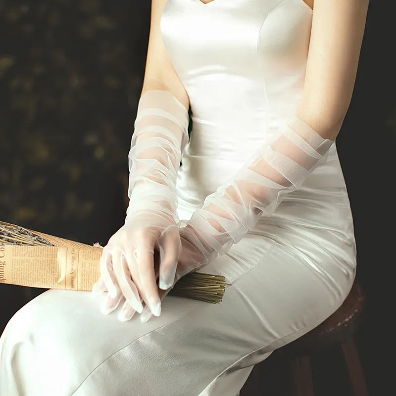 Gants de mariée long en tulle blanc pour femmes