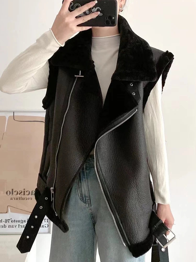 veste pour femmes Lâche Épais Chaud Faux Cuir Fourrure Gilet avec Ceinture