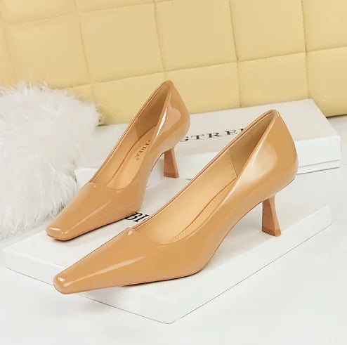 Chaussures en cuir verni simples pour femmes, talons hauts fins, bouche peu profonde, tête carrée