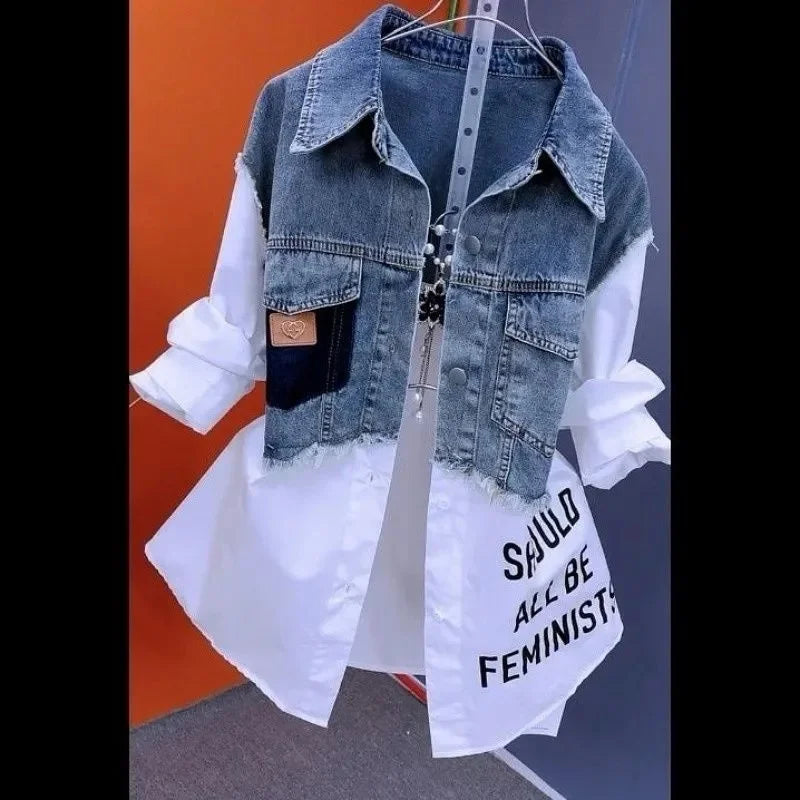 Veste en jean rayée longue et courte pour femme