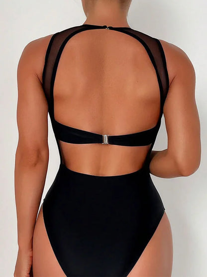 Maillot de bain une pièce sexy en maille noire transparente pour femme, monokini dos nu