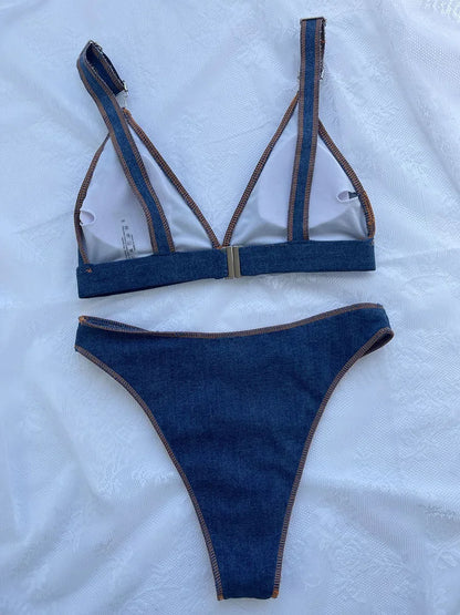 Bikini brésilien en jean pour femmes, maillot de bain deux pièces