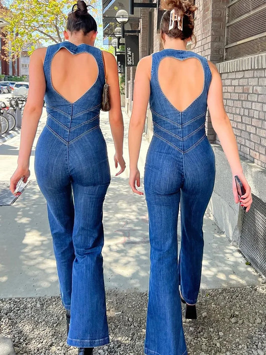 Combinaison en jean élégante pour femme, fermeture éclair, cœur, dos nu, taille haute, jambe droite