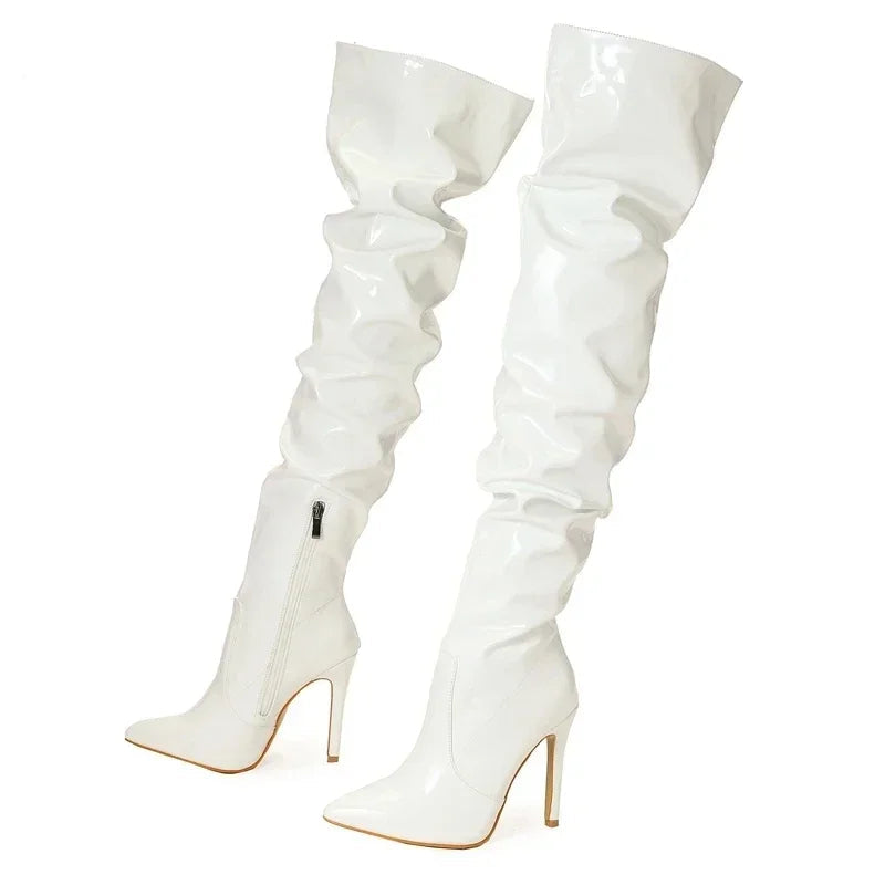Cuissardes mode en cuir verni bout pointu fermeture éclair pour femmes