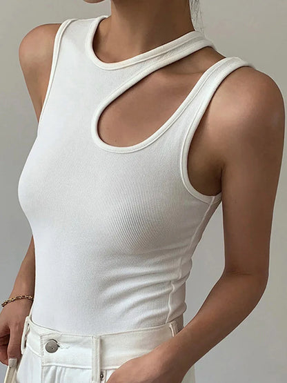 T-shirt col rond femme coupe blanche, décontracté, sans manches, slim