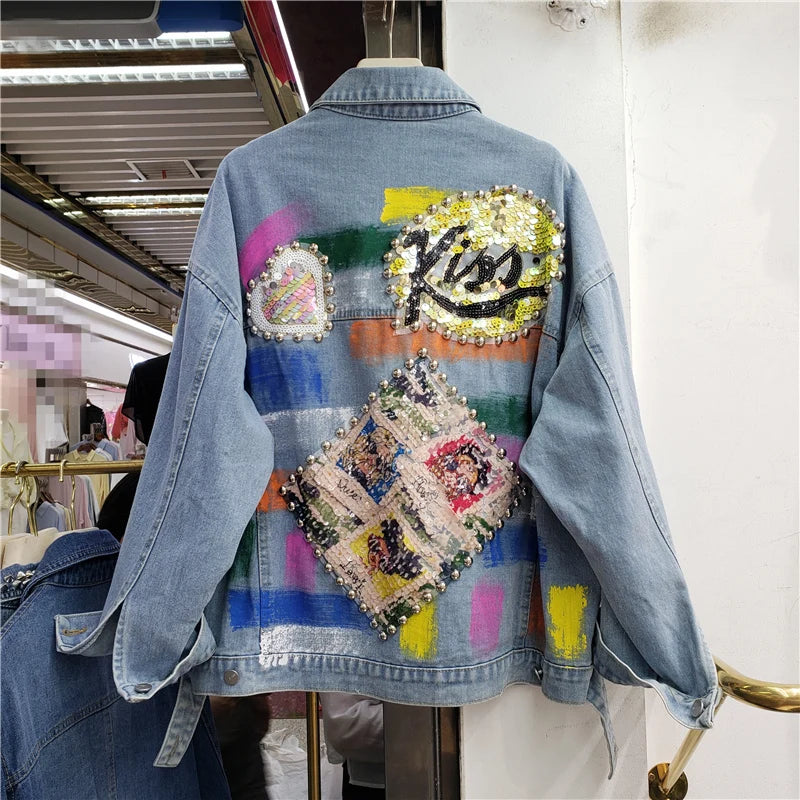 Veste en jean à paillettes multicolores pour femme