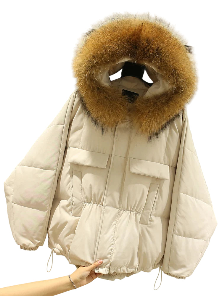 Manteau vraie fourrure de raton laveur à capuche pour femmes