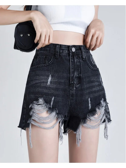 Shorts en jean pour femmes déchiré décontracté bouton fermeture éclair