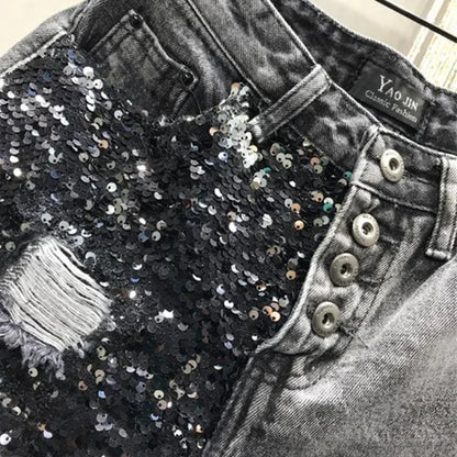 Short en jean à paillettes pour femmes, taille haute, grande taille, trou