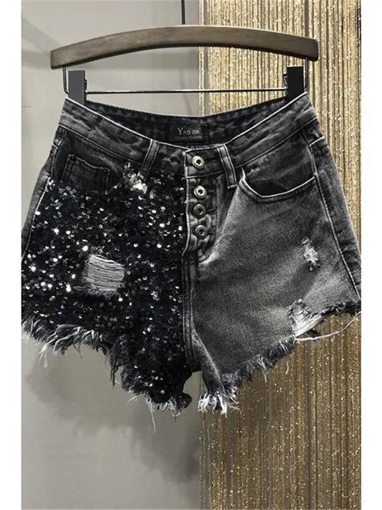 Short en jean à paillettes pour femmes, taille haute, grande taille, trou