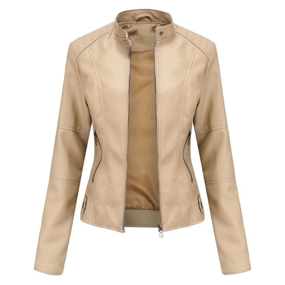 Blouson en cuir PU femme, col montant