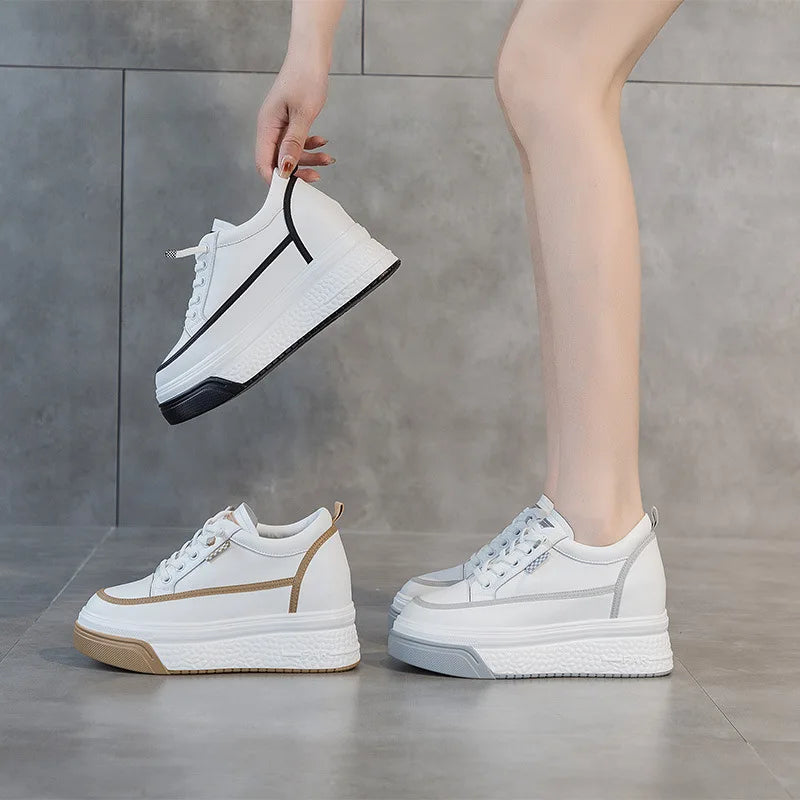 Basket compensées en cuir véritable pour femme