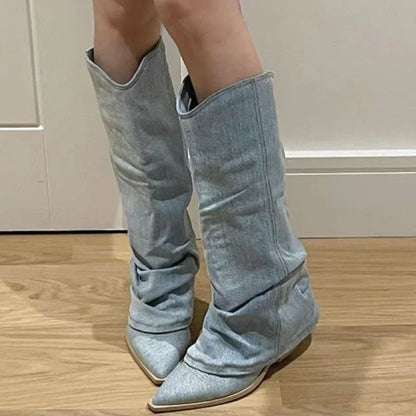 Cuissardes en denim bleu plissé pour femmes bottes western longues à enfiler