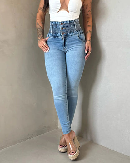 Jean skinny taille haute froncé extensible pour femme