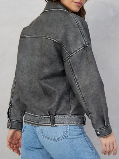 veste en Faux cuir Pu pour femme, Streetwear, Vintage, ample, manteau avec ceinture à fermeture éclair