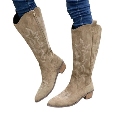 Bottes de cowboy occidentales brodées pour femmes, hautes au genou, cuir PU