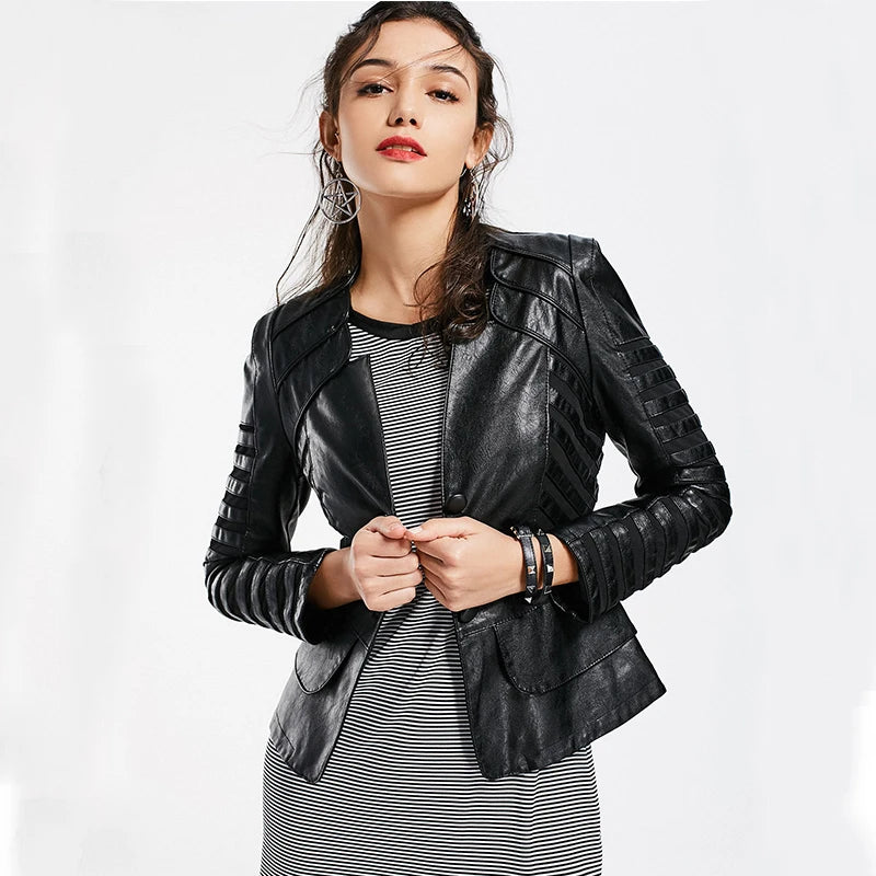 Veste en cuir pour femmes à manches longues Patchwork noir