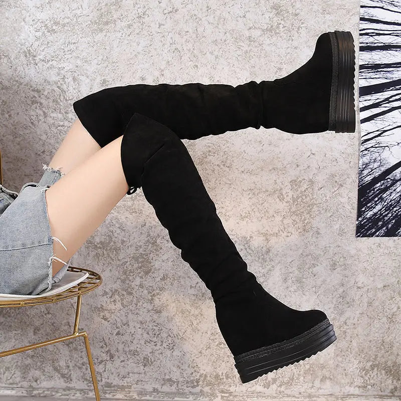 Bottes à plateforme en cuir microcarence pour femme, botte haute au genou, talon GNE, peluche 12cm