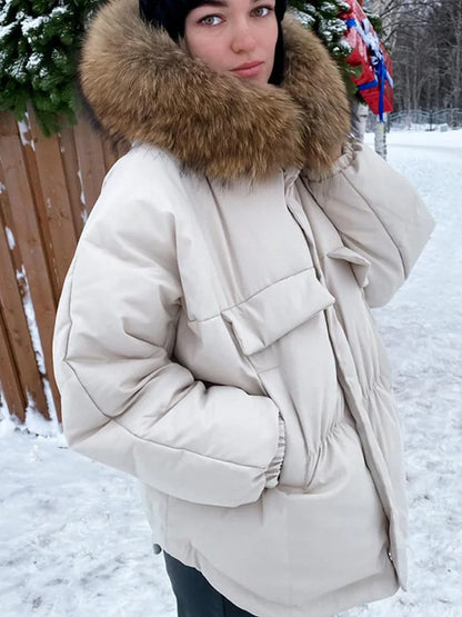 Manteau vraie fourrure de raton laveur à capuche 90% blanc canard pour femmes