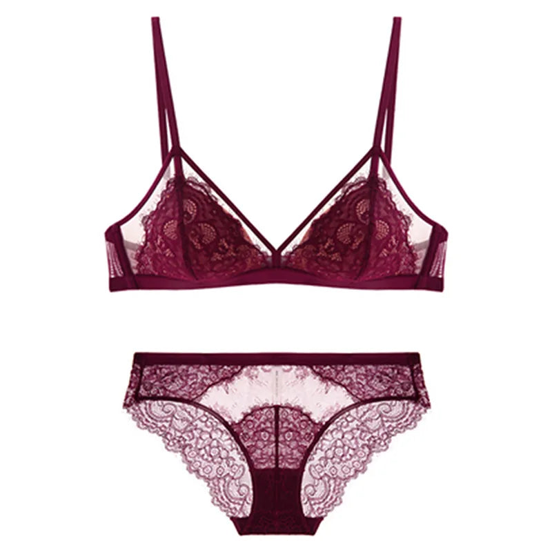 Ensemble de Lingerie Sexy en dentelle pour femmes, sous-vêtements français sans anneau en acier, Triangle, bonnet 3/4, soutien-gorge froncé, slip