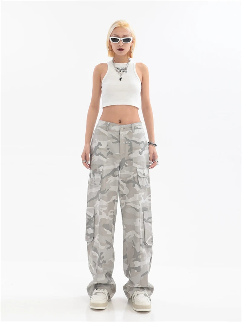 Pantalon cargo camouflage gris pour femme, style vintage