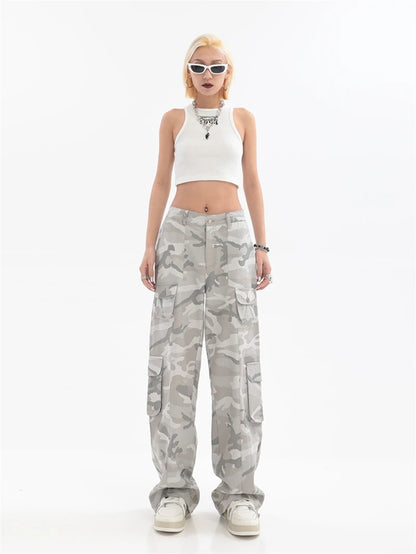 Pantalon cargo camouflage gris pour femme, style vintage