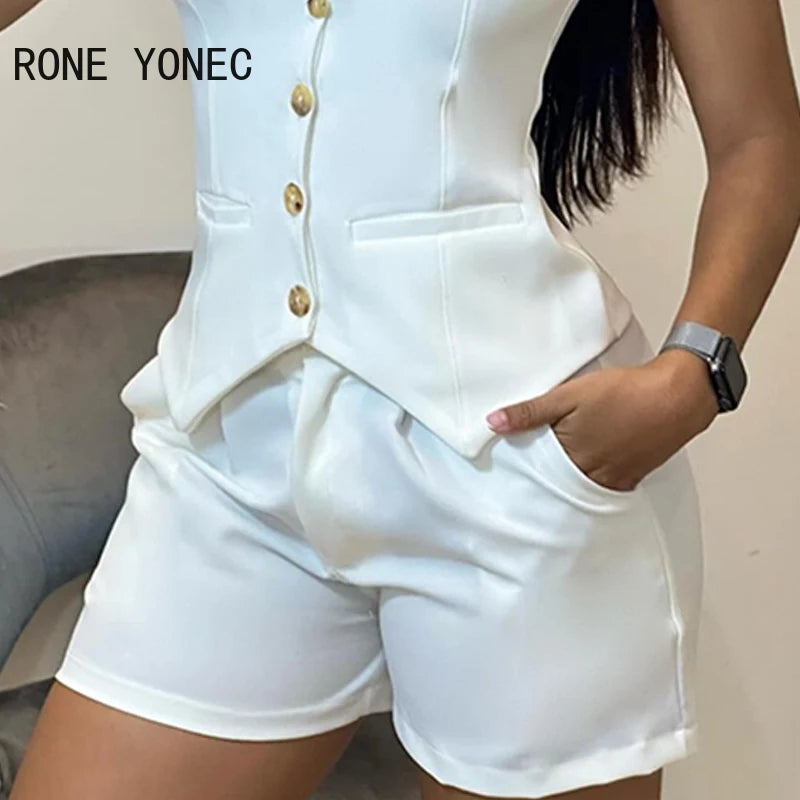 Ensemble gilet et short boutonné à col en V pour femme