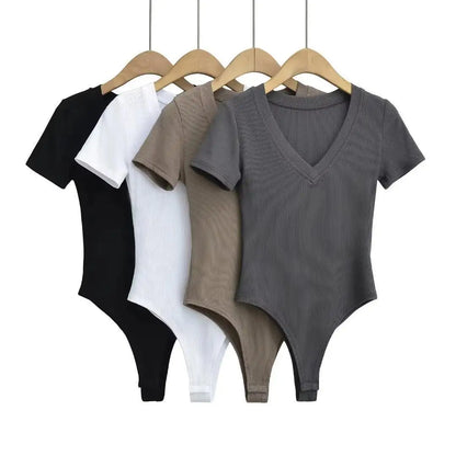 Body tricotée pour femme, manches courtes, col en V, extensible