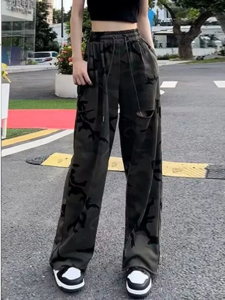 Pantalon à trous imprimé pour femme
