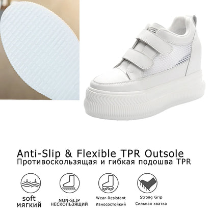 Baskets  en cuir de vache véritable pour femmes, baskets à semelle compensée 10cm , blanches, talon GNE