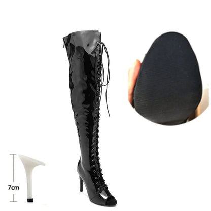 Bottes à lacets au-dessus du genou, chaussures à talons aiguilles pour femmes