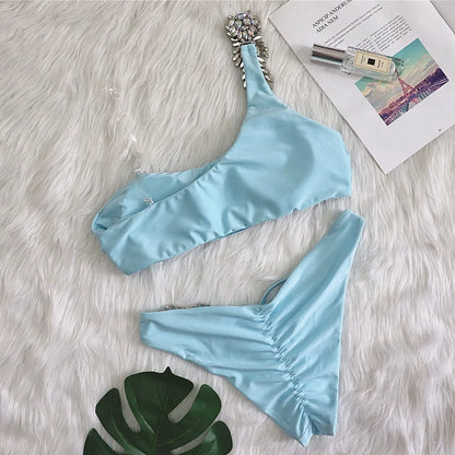 Maillot de bain pour femme deux pièces une épaule cristal diamant