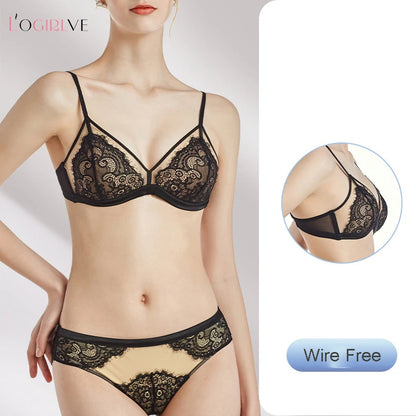 Ensemble de Lingerie Sexy en dentelle pour femmes, sous-vêtements français sans anneau en acier, Triangle, bonnet 3/4, soutien-gorge froncé, slip