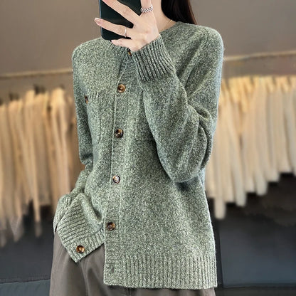 Pull cardigan en laine avec poches pour femmes, col rond, haut à manches longues