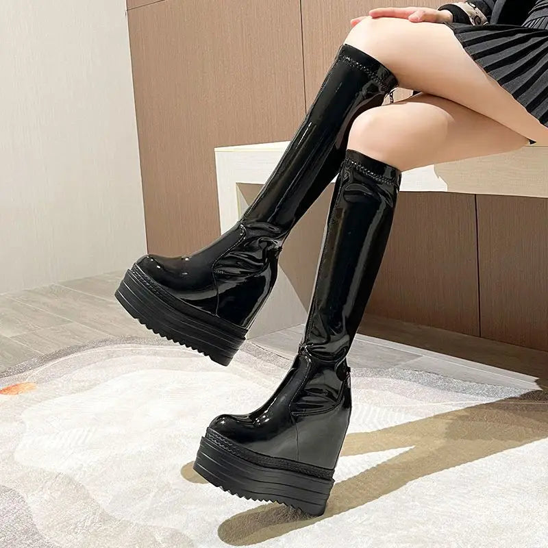 Bottes en cuir verni microcarence pour femme, chaussons à talon GNE, hauteur genou 13cm