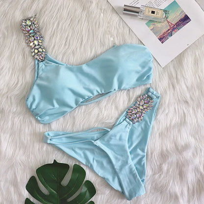 Maillot de bain pour femme deux pièces une épaule cristal diamant