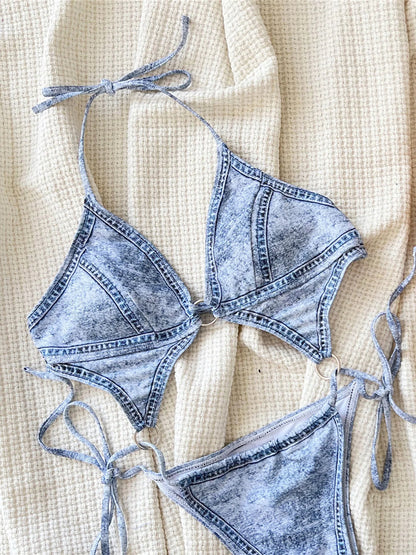 Maillot de bain une pièce en denim, culotte tanga, dos nu