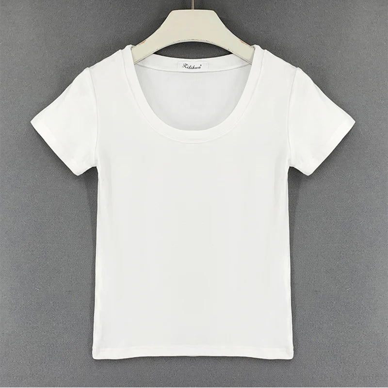 T-shirt manches courtes col rond pour femme, slim et résistant, en coton, décontracté