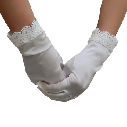 Gants courts en Satin lisse blanc, élégants, ajourés, bord en dentelle, pour mariée