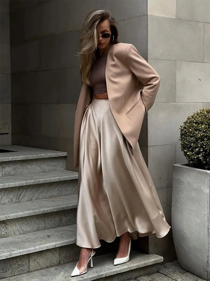 Jupe longue en satin pour femme, élégante, taille haute