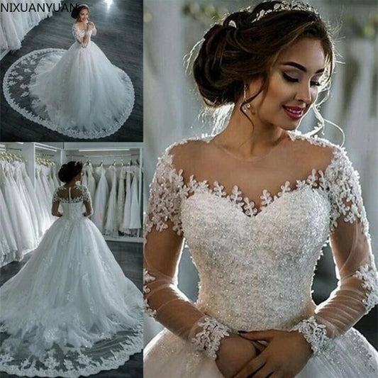 Robe de mariée longue queue en dentelle et strass pour femmes, Vintage, manches longues, en Tulle