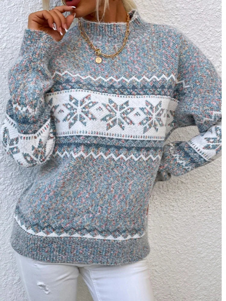 Pull à col roulé de Noël en tricot flocon de neige pour femme