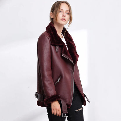 Veste en faux cuir d'agneau  col de fourrure pour femmes