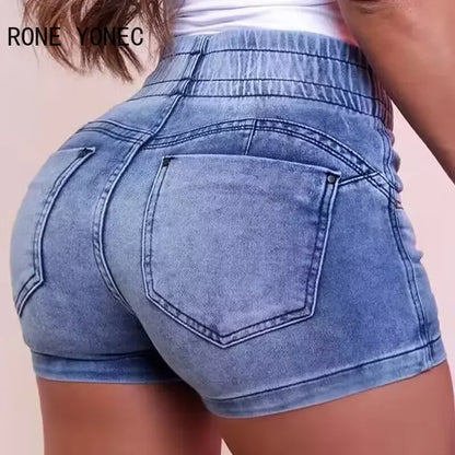 Short en jean taille haute élastique pour femme