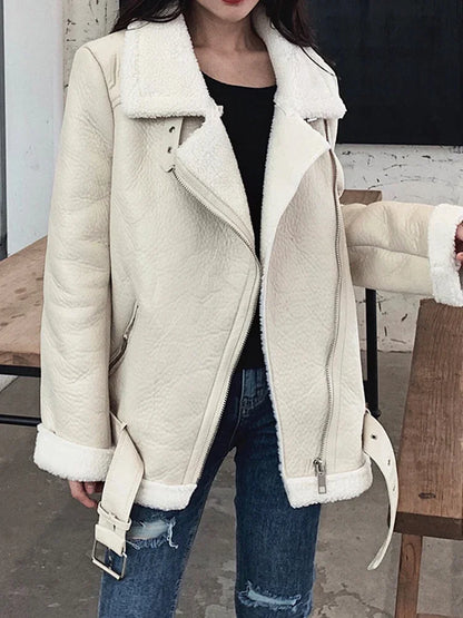 veste pour femmes fourrure d'agneau veste en Faux cuir manteau col rabattu hiver épais chaud fermeture éclair avec ceinture