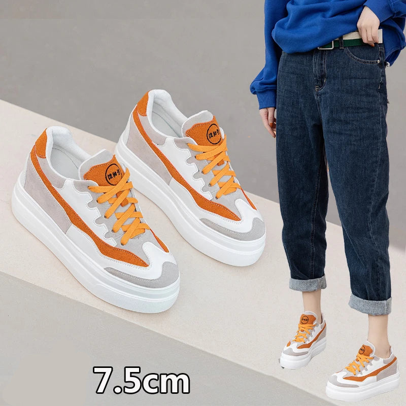 Baskets à semelles compensées 7cm en cuir véritable grande taille pour femmes