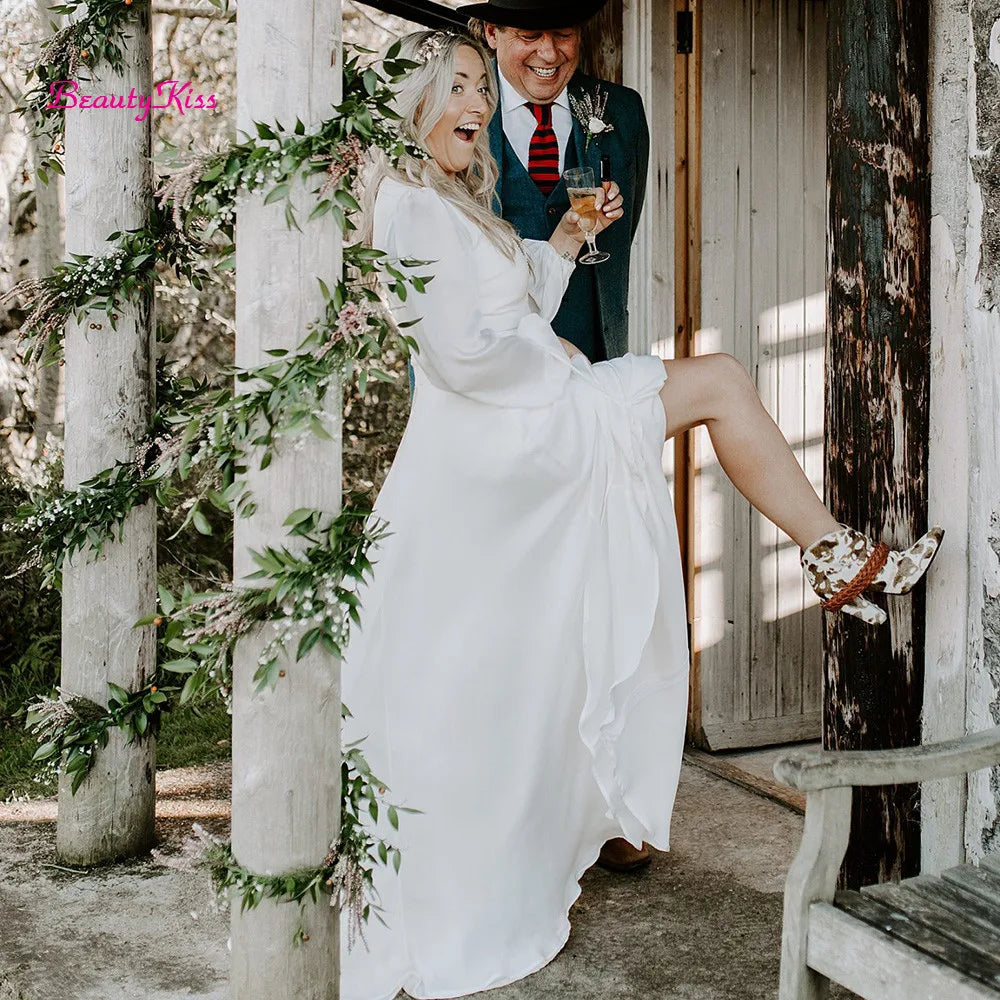 Robe De Mariée en mousseline De soie, col en v profond, manches longues, style bohème, fermeture éclair au dos, traîne