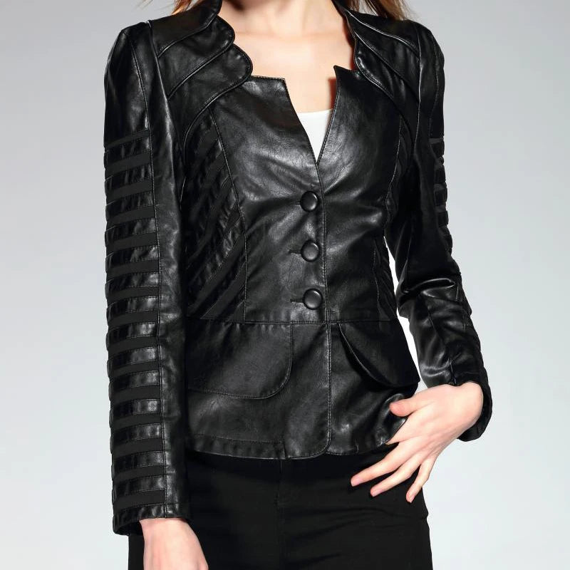 Veste en cuir pour femmes à manches longues Patchwork noir