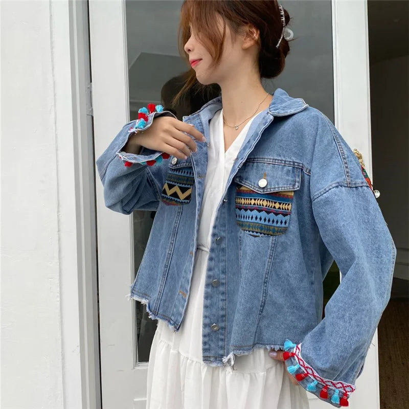 Veste en jean à paillettes brodées style bohème pour femme