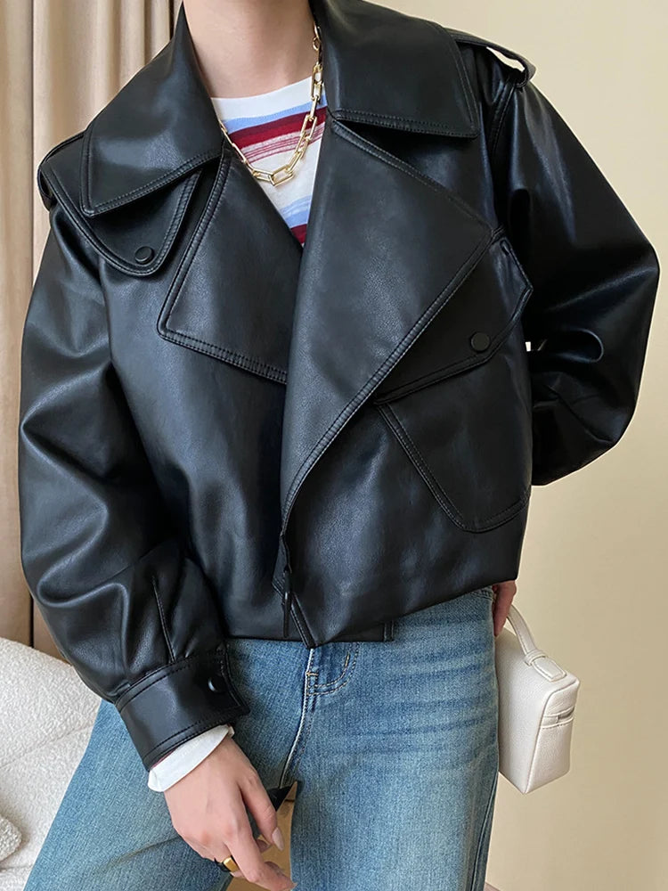 veste en simili cuir Pu pour femme ample grande poche